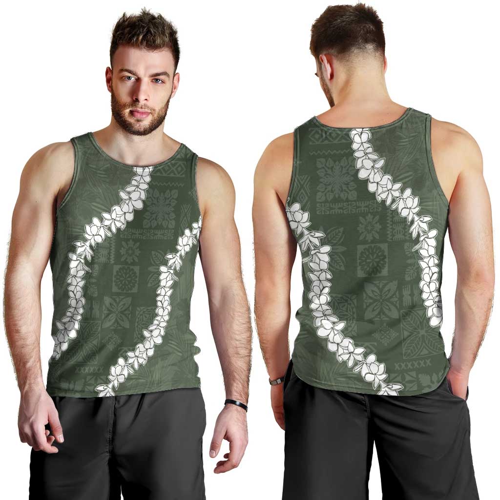 Hawaii Aloha Men Tank Top Sage Quilt Patch Work Mix Plumeria Lei LT7 - Polynesian Pride