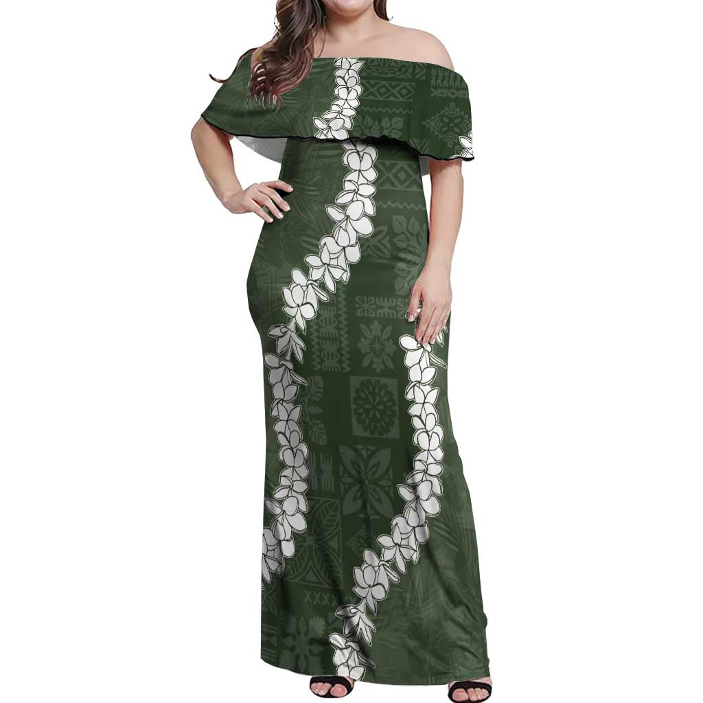 Hawaii Aloha Off Shoulder Maxi Dress Sage Quilt Patch Work Mix Plumeria Lei LT7 Women Sage - Polynesian Pride