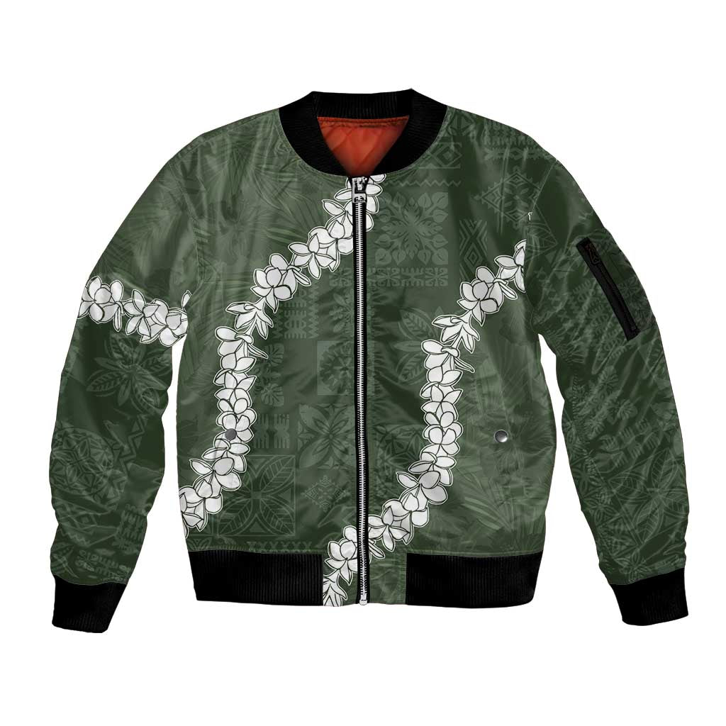 Hawaii Aloha Sleeve Zip Bomber Jacket Sage Quilt Patch Work Mix Plumeria Lei LT7 Unisex Sage - Polynesian Pride