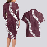 Hawaii Aloha Couples Matching Long Sleeve Bodycon Dress and Hawaiian Shirt Champange Quilt Patch Work Mix Plumeria Lei LT7 - Polynesian Pride