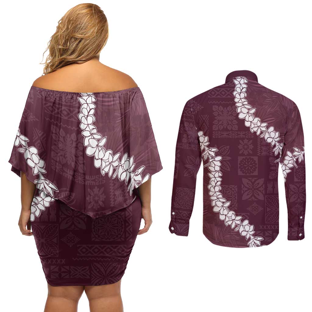 Hawaii Aloha Couples Matching Off Shoulder Short Dress and Long Sleeve Button Shirt Champange Quilt Patch Work Mix Plumeria Lei LT7 - Polynesian Pride
