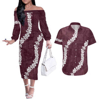 Hawaii Aloha Couples Matching Off The Shoulder Long Sleeve Dress and Hawaiian Shirt Champange Quilt Patch Work Mix Plumeria Lei LT7 Champange - Polynesian Pride