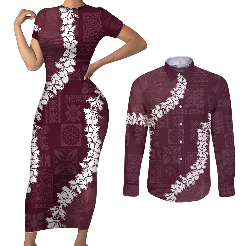 Hawaii Aloha Couples Matching Short Sleeve Bodycon Dress and Long Sleeve Button Shirt Champange Quilt Patch Work Mix Plumeria Lei LT7 Champange - Polynesian Pride