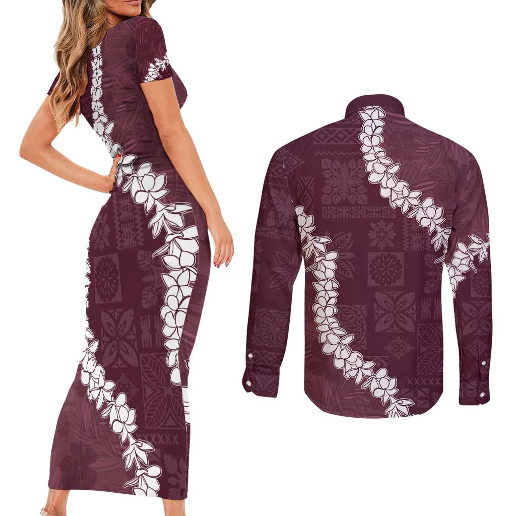 Hawaii Aloha Couples Matching Short Sleeve Bodycon Dress and Long Sleeve Button Shirt Champange Quilt Patch Work Mix Plumeria Lei LT7 - Polynesian Pride