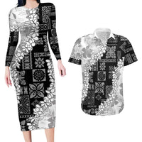 Hawaii Aloha Couples Matching Long Sleeve Bodycon Dress and Hawaiian Shirt White Quilt Patch Work Mix Plumeria Lei LT7 White - Polynesian Pride