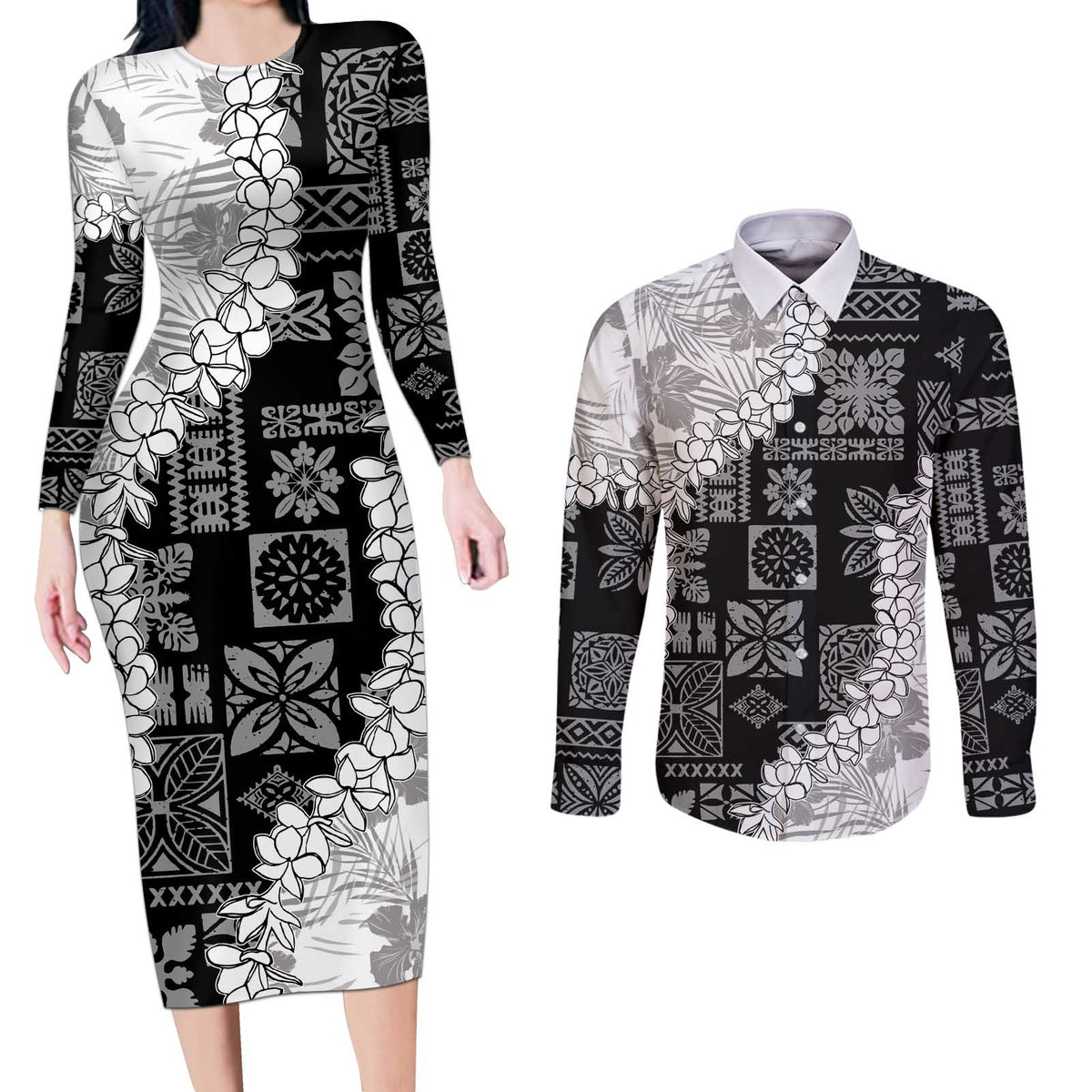 Hawaii Aloha Couples Matching Long Sleeve Bodycon Dress and Long Sleeve Button Shirt White Quilt Patch Work Mix Plumeria Lei LT7 White - Polynesian Pride