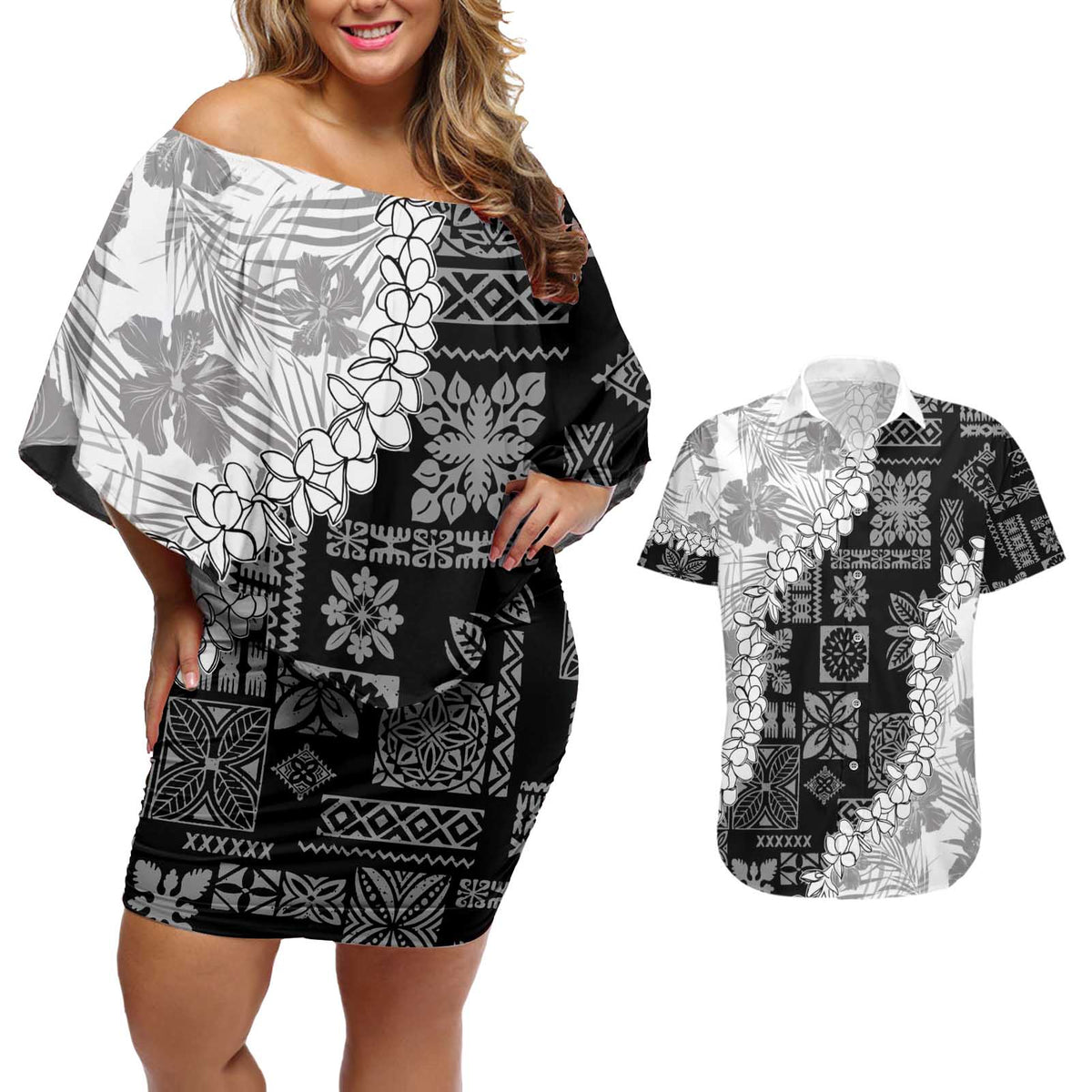 Hawaii Aloha Couples Matching Off Shoulder Short Dress and Hawaiian Shirt White Quilt Patch Work Mix Plumeria Lei LT7 White - Polynesian Pride