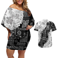 Hawaii Aloha Couples Matching Off Shoulder Short Dress and Hawaiian Shirt White Quilt Patch Work Mix Plumeria Lei LT7 White - Polynesian Pride