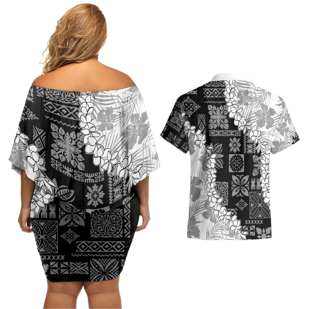 Hawaii Aloha Couples Matching Off Shoulder Short Dress and Hawaiian Shirt White Quilt Patch Work Mix Plumeria Lei LT7 - Polynesian Pride