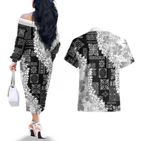 Hawaii Aloha Couples Matching Off The Shoulder Long Sleeve Dress and Hawaiian Shirt White Quilt Patch Work Mix Plumeria Lei LT7 - Polynesian Pride