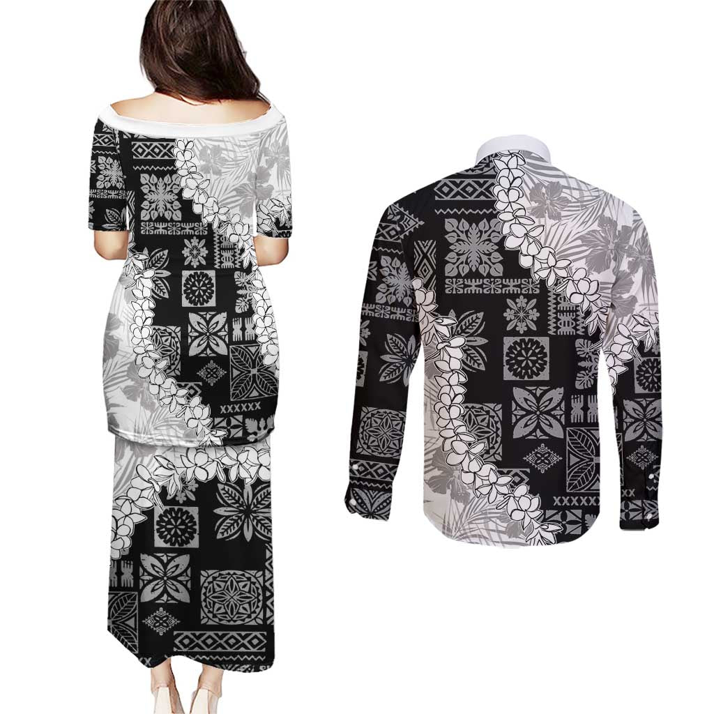 Hawaii Aloha Couples Matching Puletasi and Long Sleeve Button Shirt White Quilt Patch Work Mix Plumeria Lei LT7 - Polynesian Pride