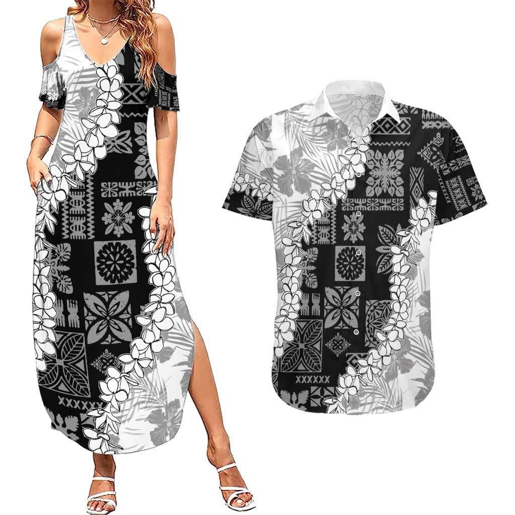 Hawaii Aloha Couples Matching Summer Maxi Dress and Hawaiian Shirt White Quilt Patch Work Mix Plumeria Lei LT7 White - Polynesian Pride