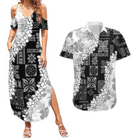 Hawaii Aloha Couples Matching Summer Maxi Dress and Hawaiian Shirt White Quilt Patch Work Mix Plumeria Lei LT7 White - Polynesian Pride