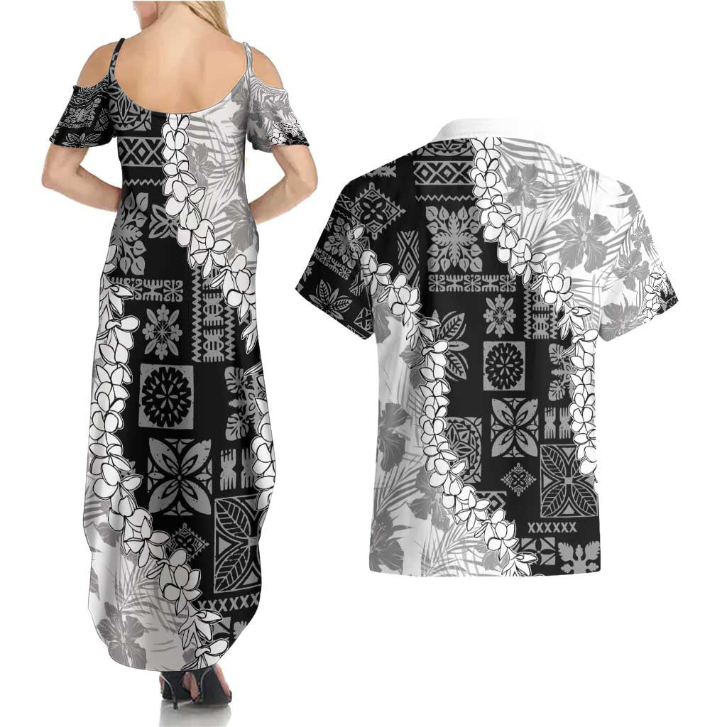 Hawaii Aloha Couples Matching Summer Maxi Dress and Hawaiian Shirt White Quilt Patch Work Mix Plumeria Lei LT7 - Polynesian Pride
