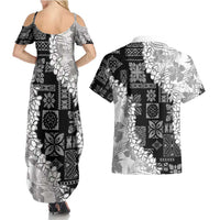 Hawaii Aloha Couples Matching Summer Maxi Dress and Hawaiian Shirt White Quilt Patch Work Mix Plumeria Lei LT7 - Polynesian Pride