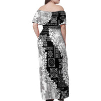 Hawaii Aloha Family Matching Off Shoulder Maxi Dress and Hawaiian Shirt White Quilt Patch Work Mix Plumeria Lei LT7 - Polynesian Pride