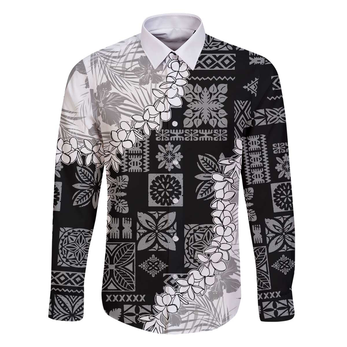 Hawaii Aloha Family Matching Off Shoulder Short Dress and Hawaiian Shirt White Quilt Patch Work Mix Plumeria Lei LT7 Dad's Shirt - Long Sleeve White - Polynesian Pride