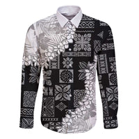 Hawaii Aloha Family Matching Off Shoulder Short Dress and Hawaiian Shirt White Quilt Patch Work Mix Plumeria Lei LT7 Dad's Shirt - Long Sleeve White - Polynesian Pride
