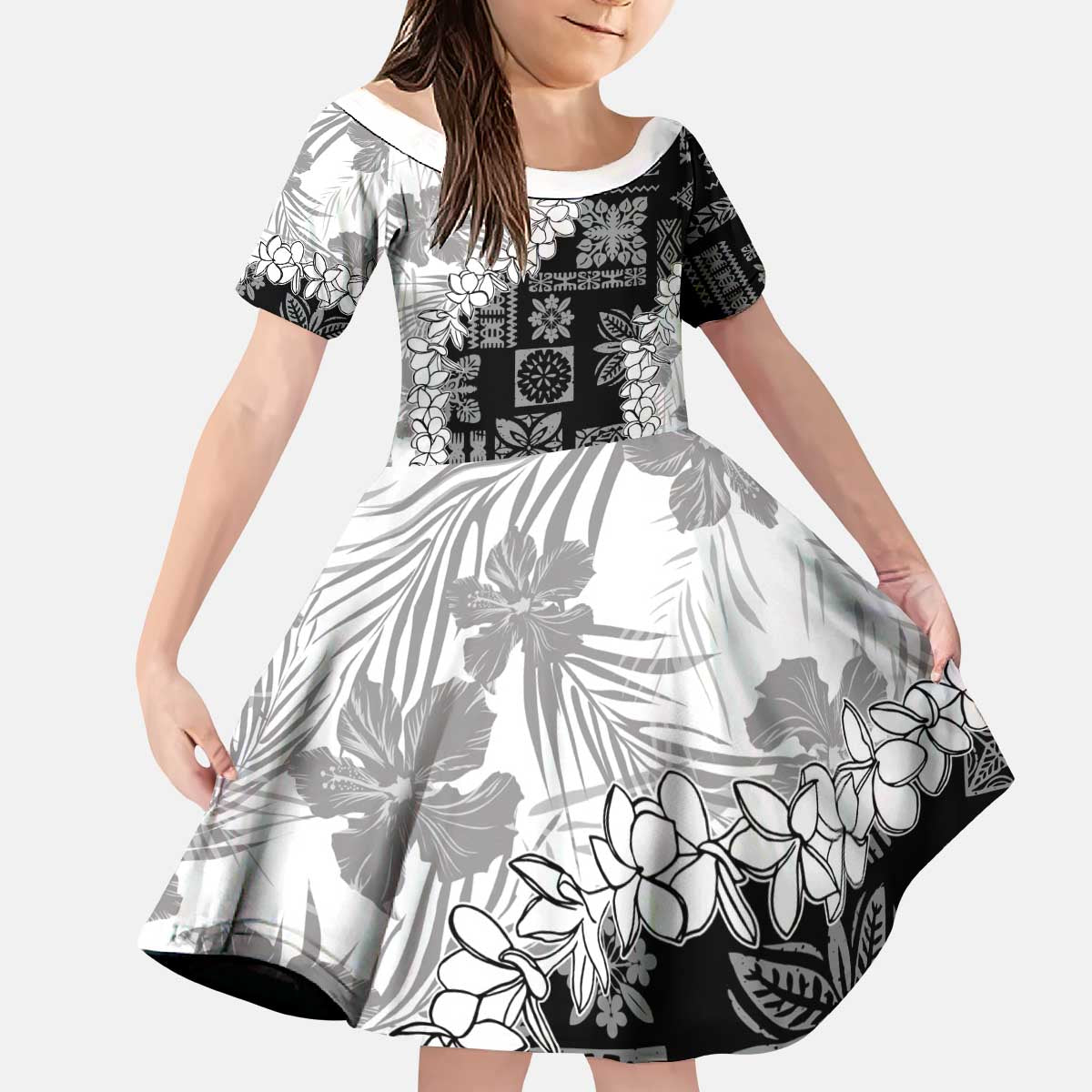 Hawaii Aloha Family Matching Puletasi and Hawaiian Shirt White Quilt Patch Work Mix Plumeria Lei LT7 Daughter's Dress White - Polynesian Pride