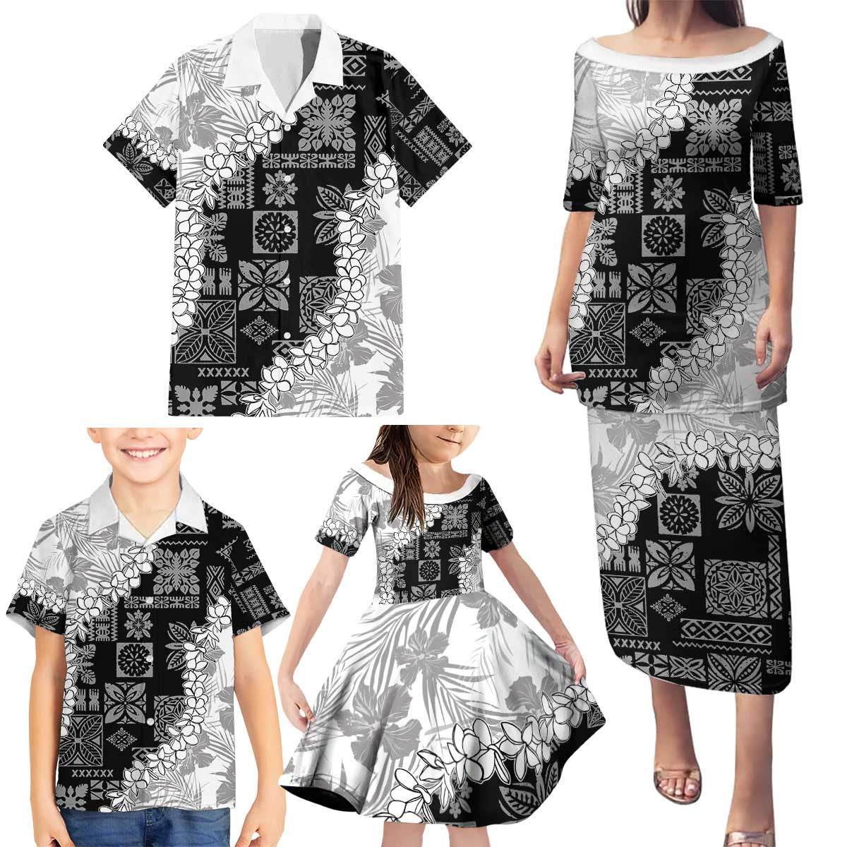Hawaii Aloha Family Matching Puletasi and Hawaiian Shirt White Quilt Patch Work Mix Plumeria Lei LT7 - Polynesian Pride
