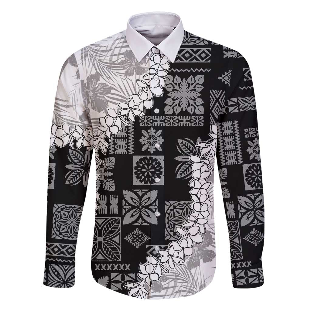 Hawaii Aloha Family Matching Summer Maxi Dress and Hawaiian Shirt White Quilt Patch Work Mix Plumeria Lei LT7 Dad's Shirt - Long Sleeve White - Polynesian Pride