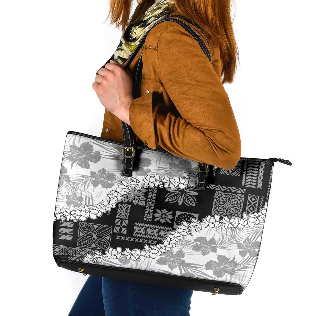 Hawaii Aloha Leather Tote Bag White Quilt Patch Work Mix Plumeria Lei LT7 White - Polynesian Pride