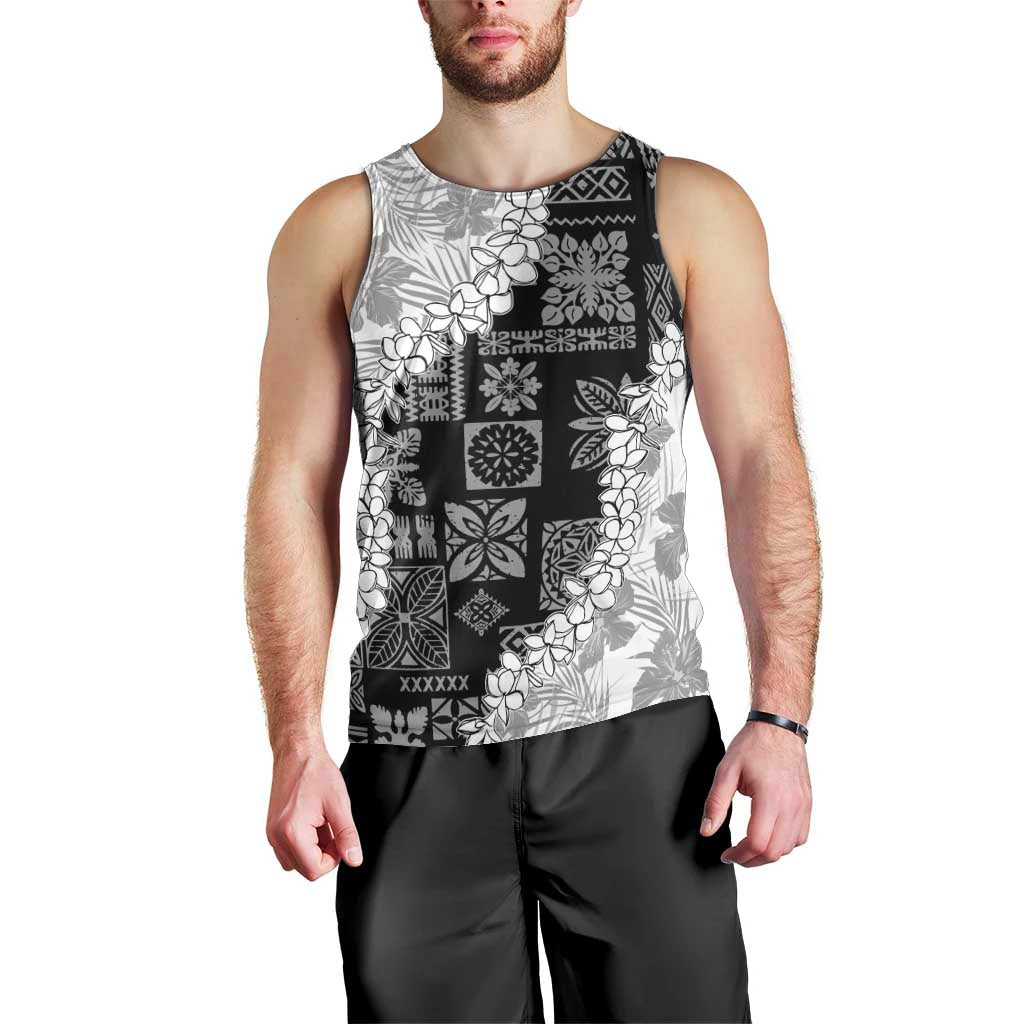 Hawaii Aloha Men Tank Top White Quilt Patch Work Mix Plumeria Lei LT7 - Polynesian Pride