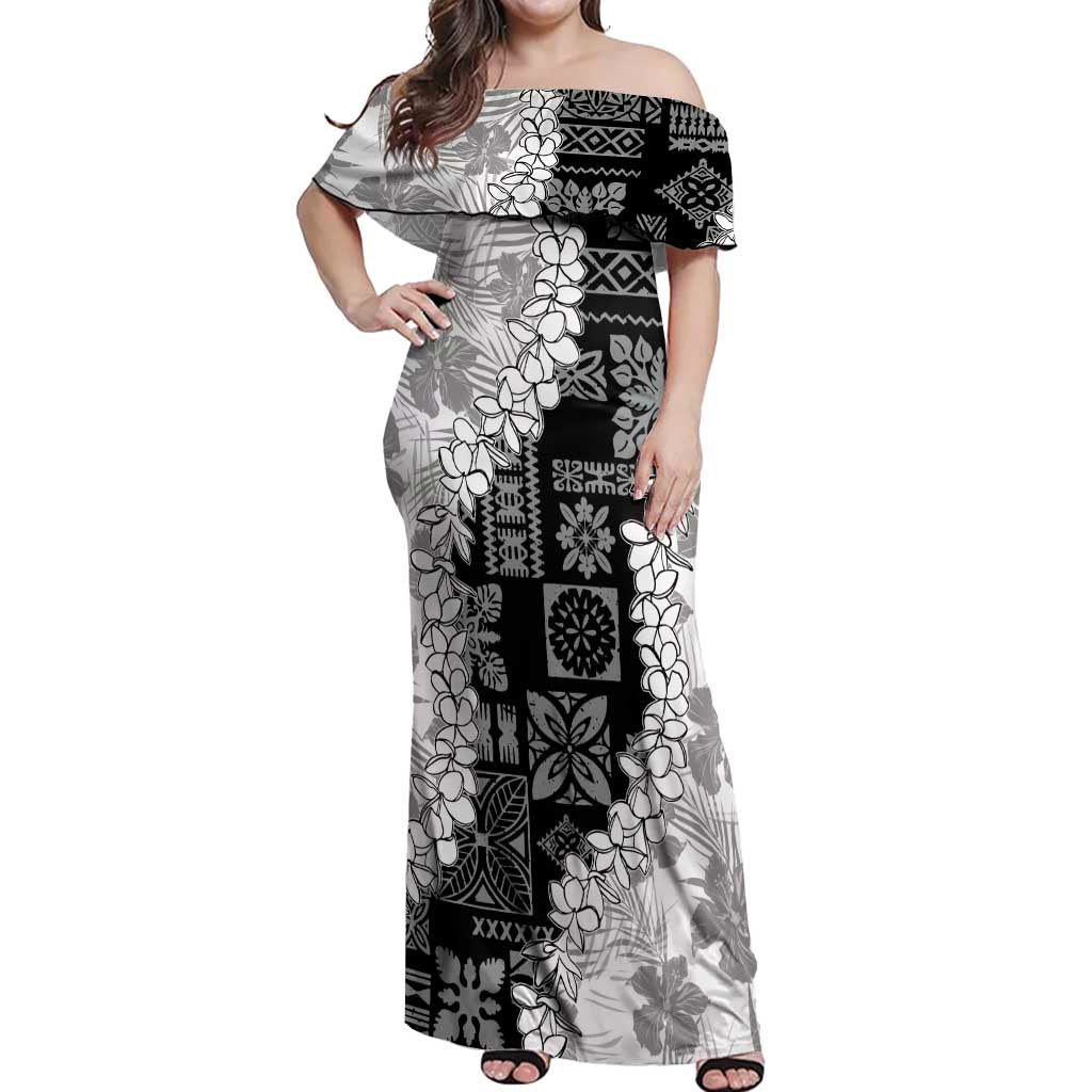 Hawaii Aloha Off Shoulder Maxi Dress White Quilt Patch Work Mix Plumeria Lei LT7 Women White - Polynesian Pride