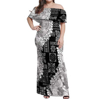 Hawaii Aloha Off Shoulder Maxi Dress White Quilt Patch Work Mix Plumeria Lei LT7 Women White - Polynesian Pride