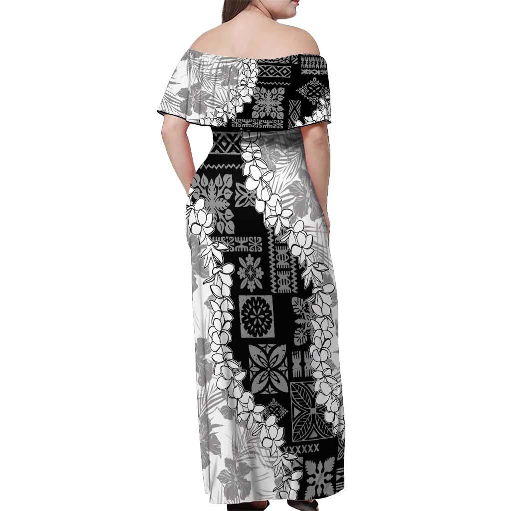 Hawaii Aloha Off Shoulder Maxi Dress White Quilt Patch Work Mix Plumeria Lei LT7 - Polynesian Pride