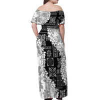 Hawaii Aloha Off Shoulder Maxi Dress White Quilt Patch Work Mix Plumeria Lei LT7 - Polynesian Pride