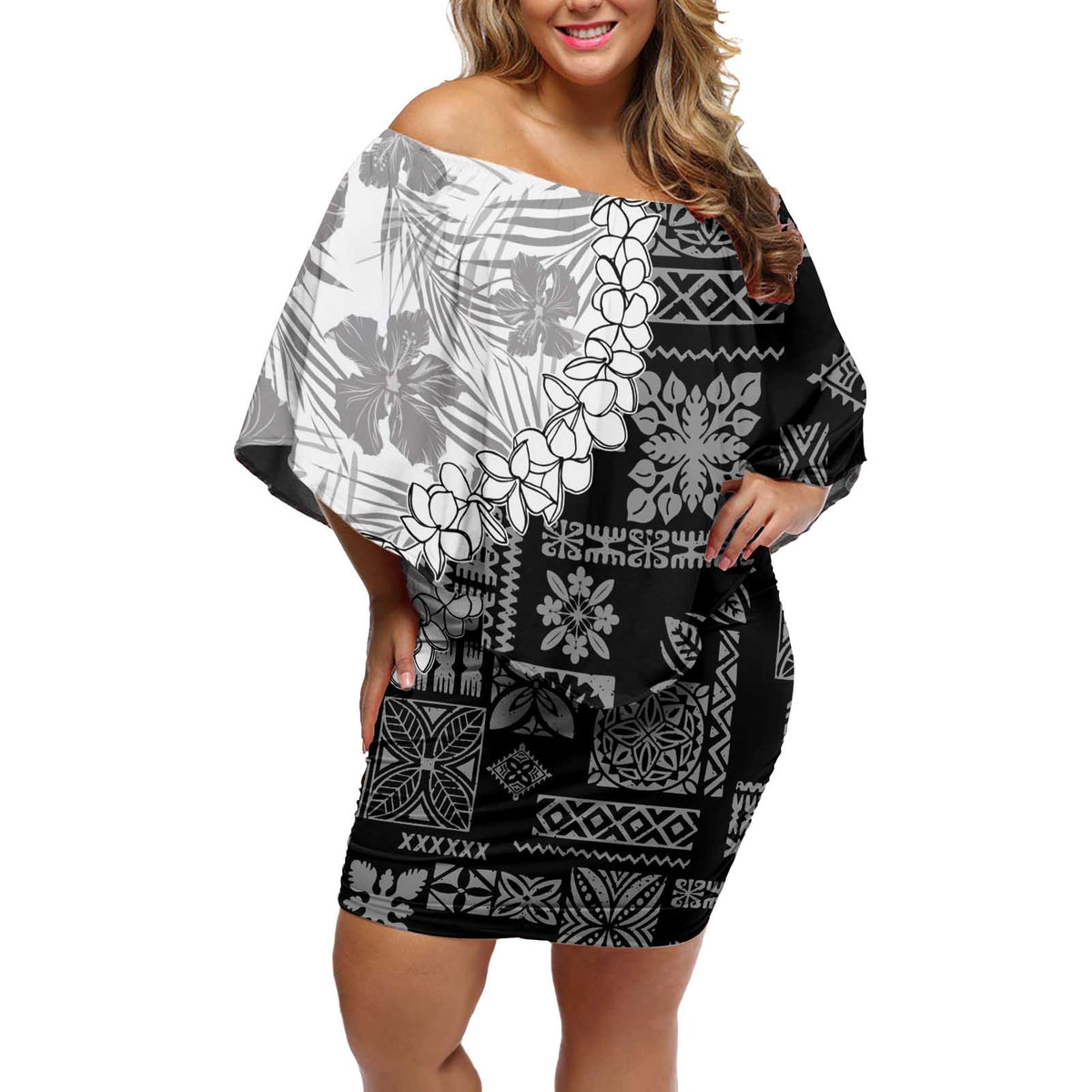Hawaii Aloha Off Shoulder Short Dress White Quilt Patch Work Mix Plumeria Lei LT7 Women White - Polynesian Pride