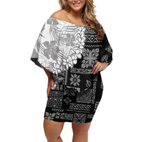 Hawaii Aloha Off Shoulder Short Dress White Quilt Patch Work Mix Plumeria Lei LT7 Women White - Polynesian Pride