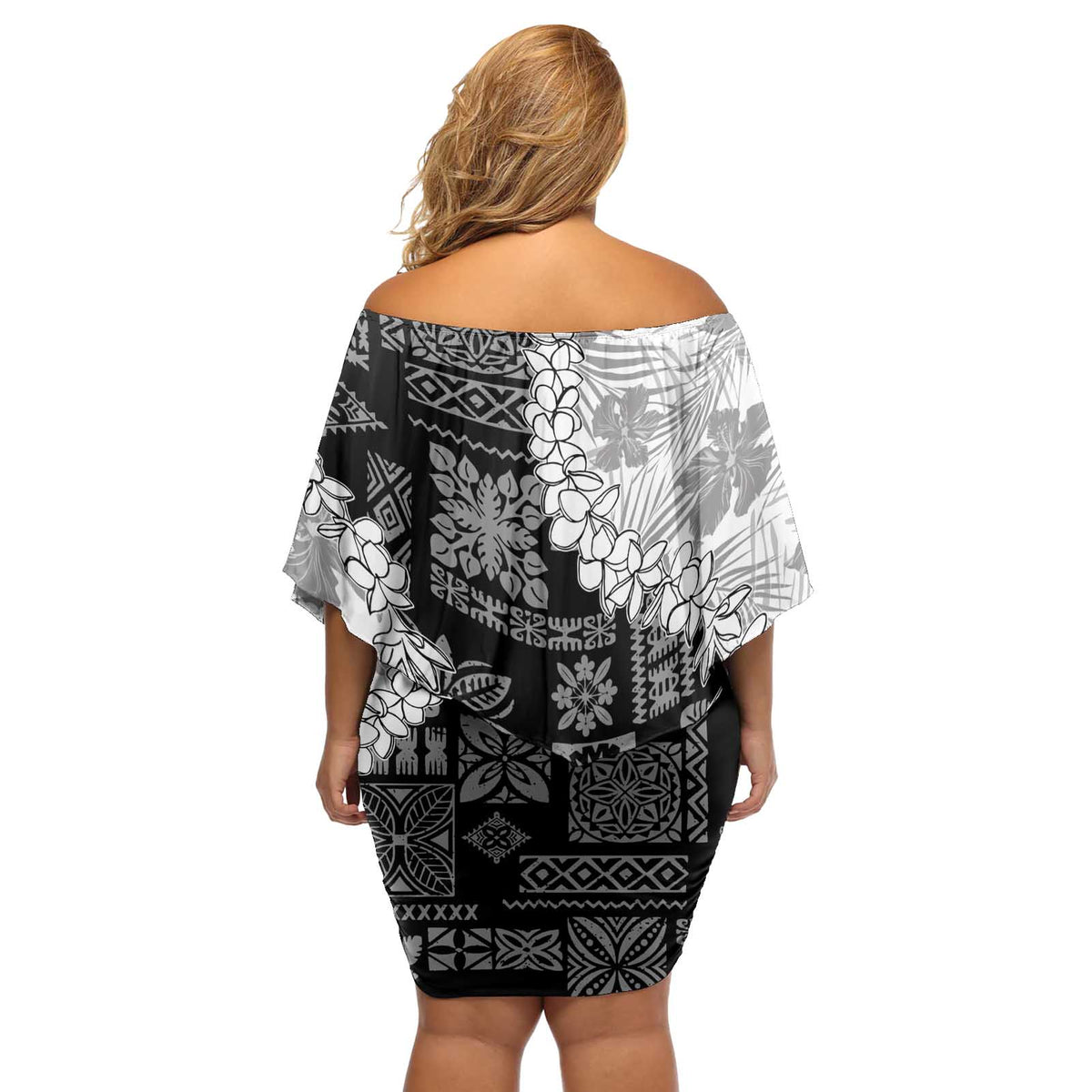 Hawaii Aloha Off Shoulder Short Dress White Quilt Patch Work Mix Plumeria Lei LT7 - Polynesian Pride