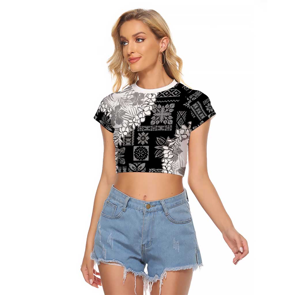 Hawaii Aloha Raglan Cropped T Shirt White Quilt Patch Work Mix Plumeria Lei LT7 Female White - Polynesian Pride