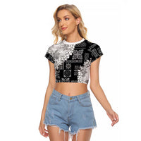Hawaii Aloha Raglan Cropped T Shirt White Quilt Patch Work Mix Plumeria Lei LT7 Female White - Polynesian Pride
