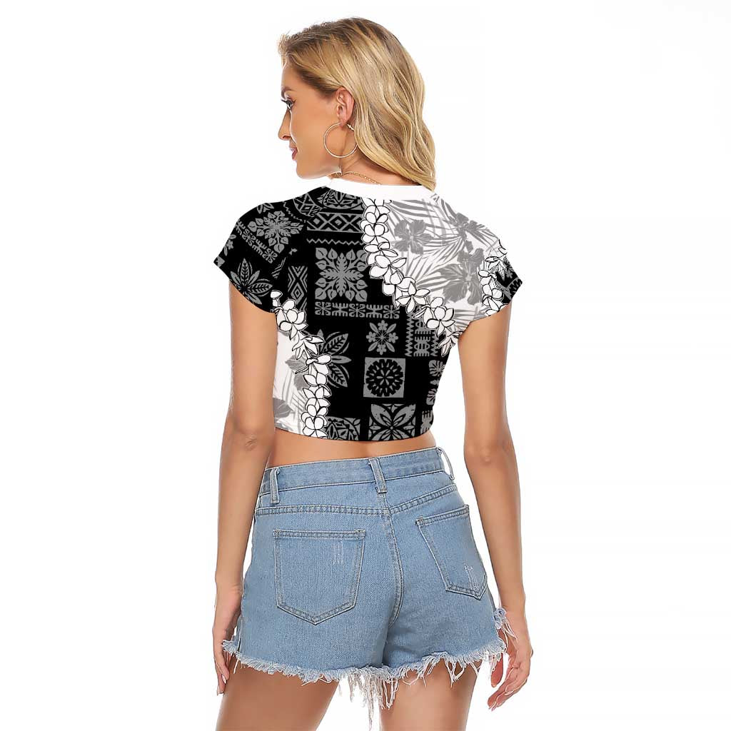 Hawaii Aloha Raglan Cropped T Shirt White Quilt Patch Work Mix Plumeria Lei LT7 - Polynesian Pride