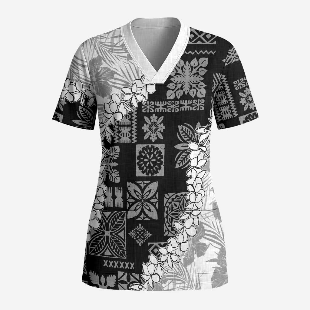 Hawaii Aloha Scrub Top White Quilt Patch Work Mix Plumeria Lei - Polynesian Pride