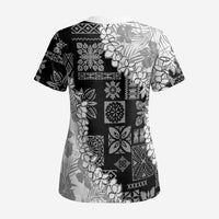 Hawaii Aloha Scrub Top White Quilt Patch Work Mix Plumeria Lei - Polynesian Pride