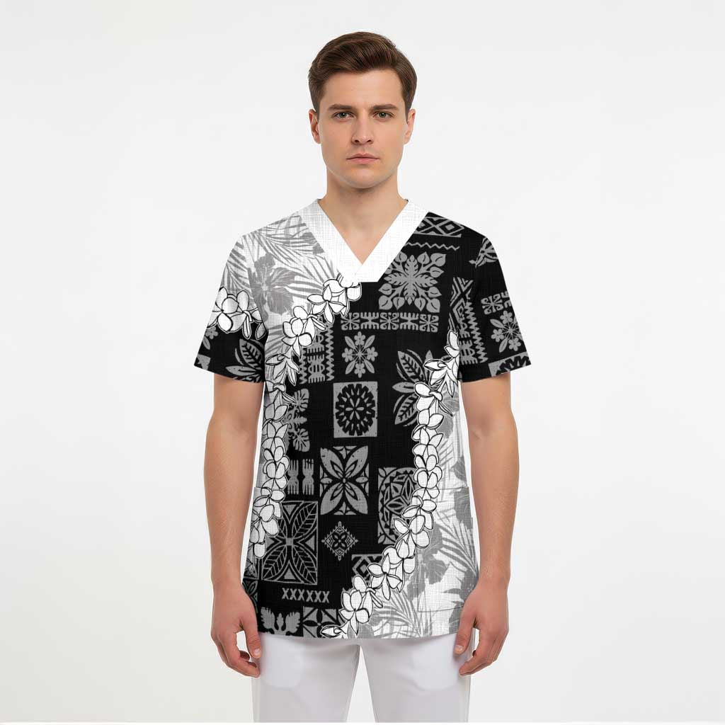 Hawaii Aloha Scrub Top White Quilt Patch Work Mix Plumeria Lei - Polynesian Pride