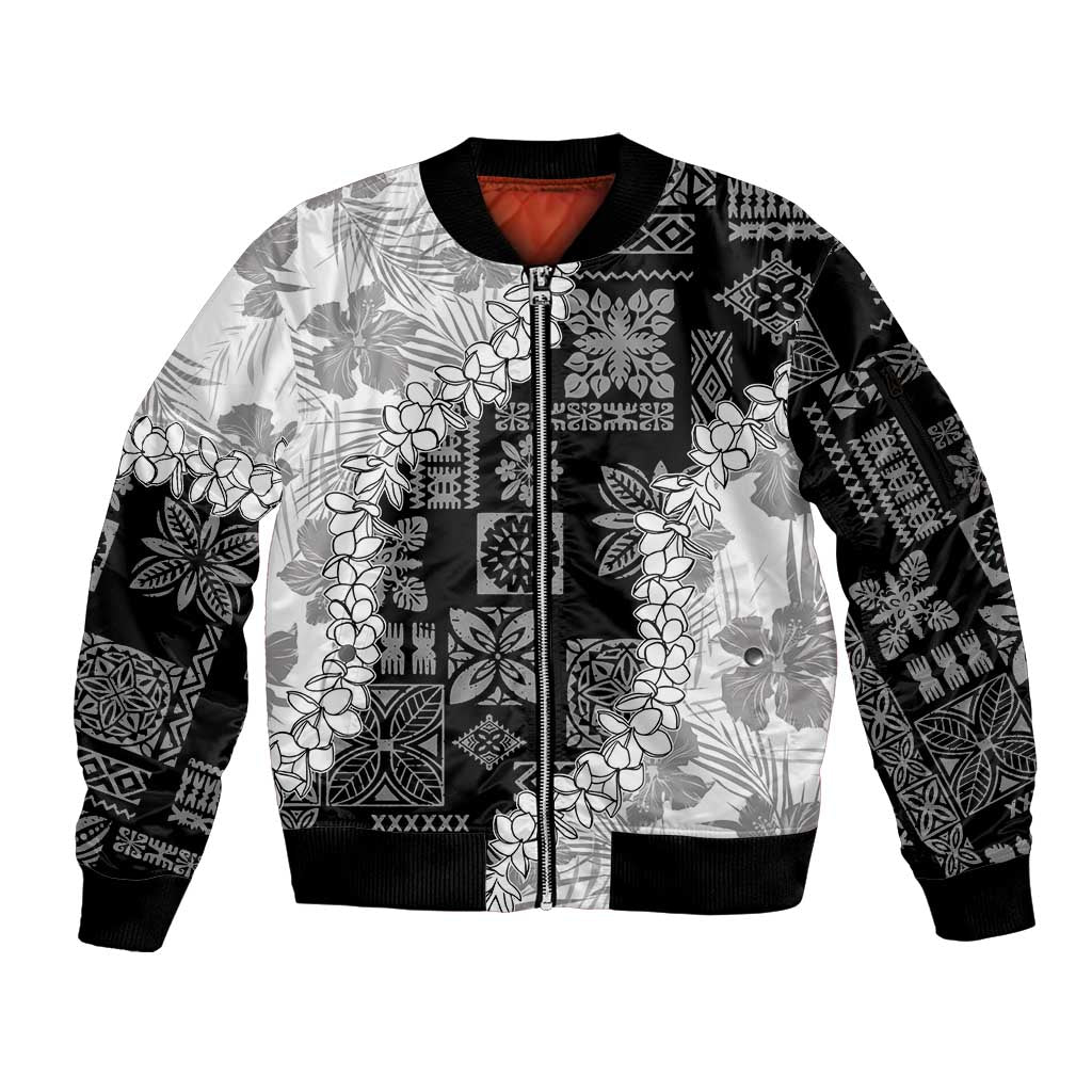 Hawaii Aloha Sleeve Zip Bomber Jacket White Quilt Patch Work Mix Plumeria Lei LT7 Unisex White - Polynesian Pride