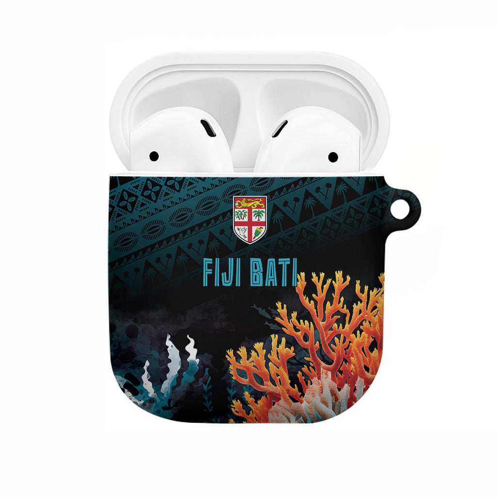 Fiji Bati Rugby Viti Masi AirPods Case Coral Motifs LT7 Black Turquoise - Polynesian Pride