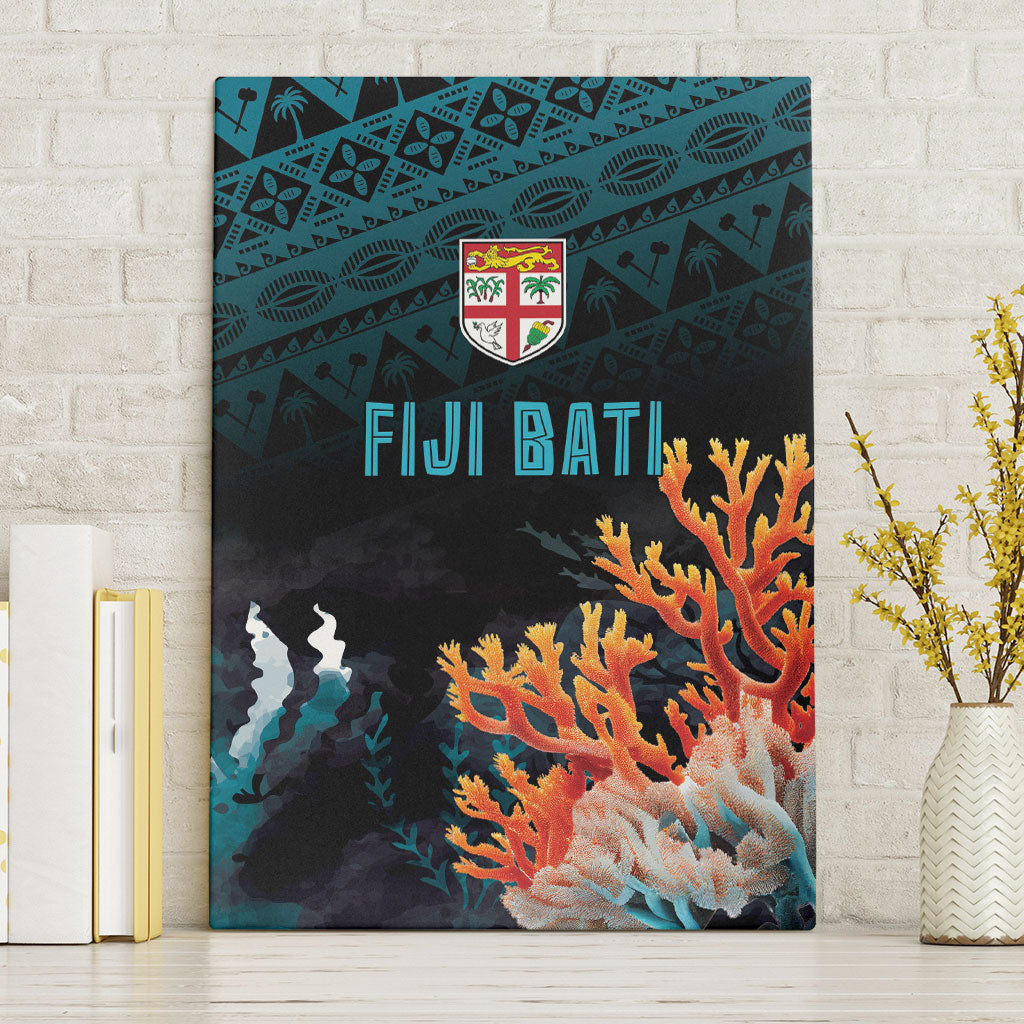 Fiji Bati Rugby Viti Masi Canvas Wall Art Coral Motifs LT7 Without Frame Black Turquoise - Polynesian Pride
