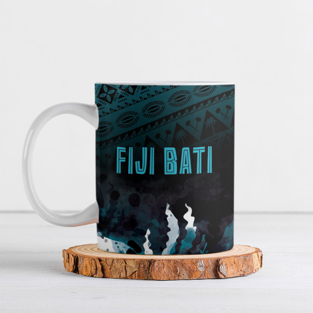 Fiji Bati Rugby Viti Masi Ceramic Mug Coral Motifs LT7 Black Turquoise - Polynesian Pride