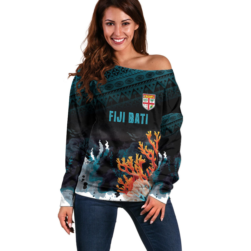 Fiji Bati Rugby Custom Viti Masi Off Shoulder Sweater Coral Motifs LT7 Women Black Turquoise - Polynesian Pride