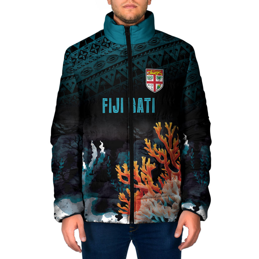 Fiji Bati Rugby Custom Viti Masi Padded Jacket Coral Motifs LT7 Men Black Turquoise - Polynesian Pride
