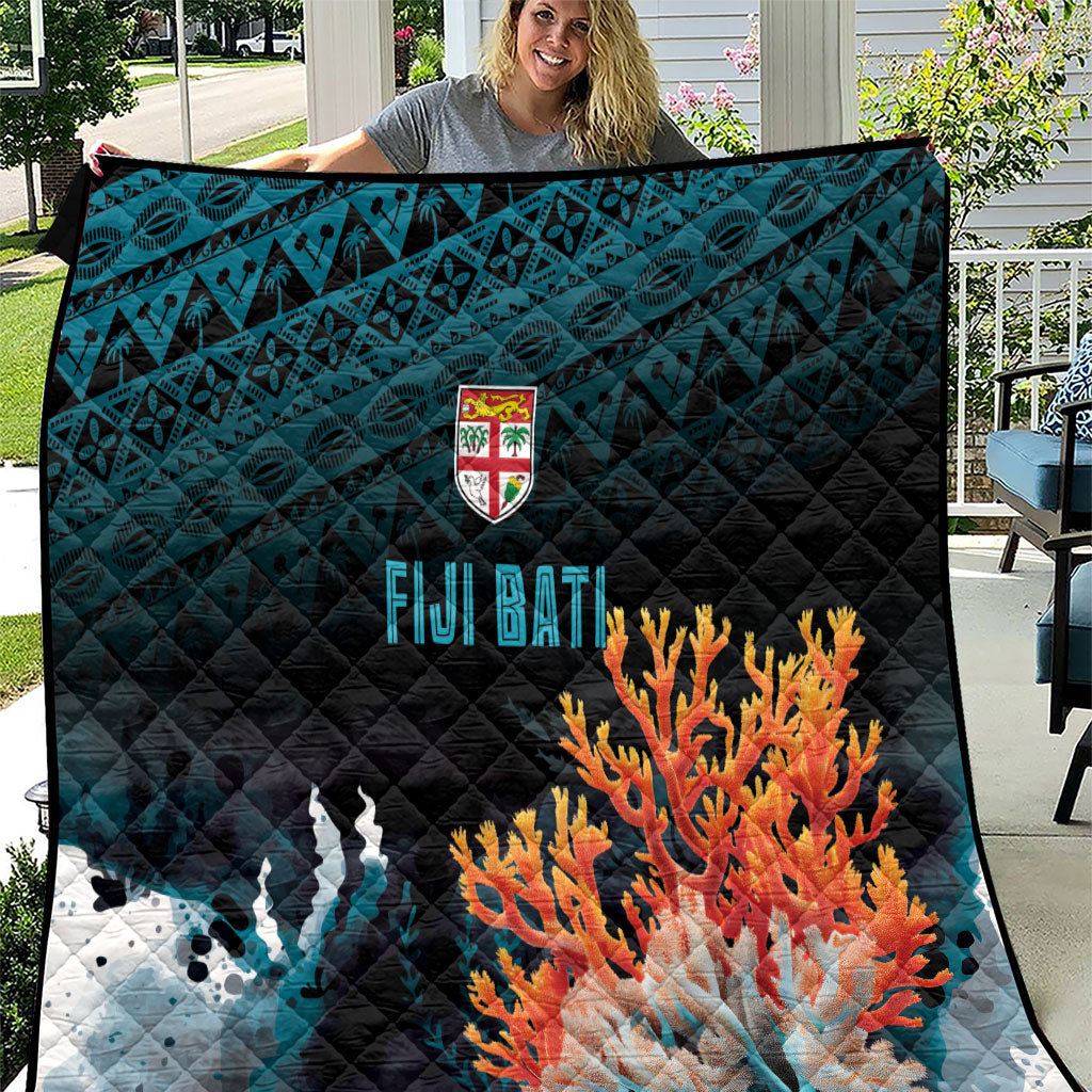 Fiji Bati Rugby Viti Masi Quilt Coral Motifs LT7 Black Turquoise - Polynesian Pride