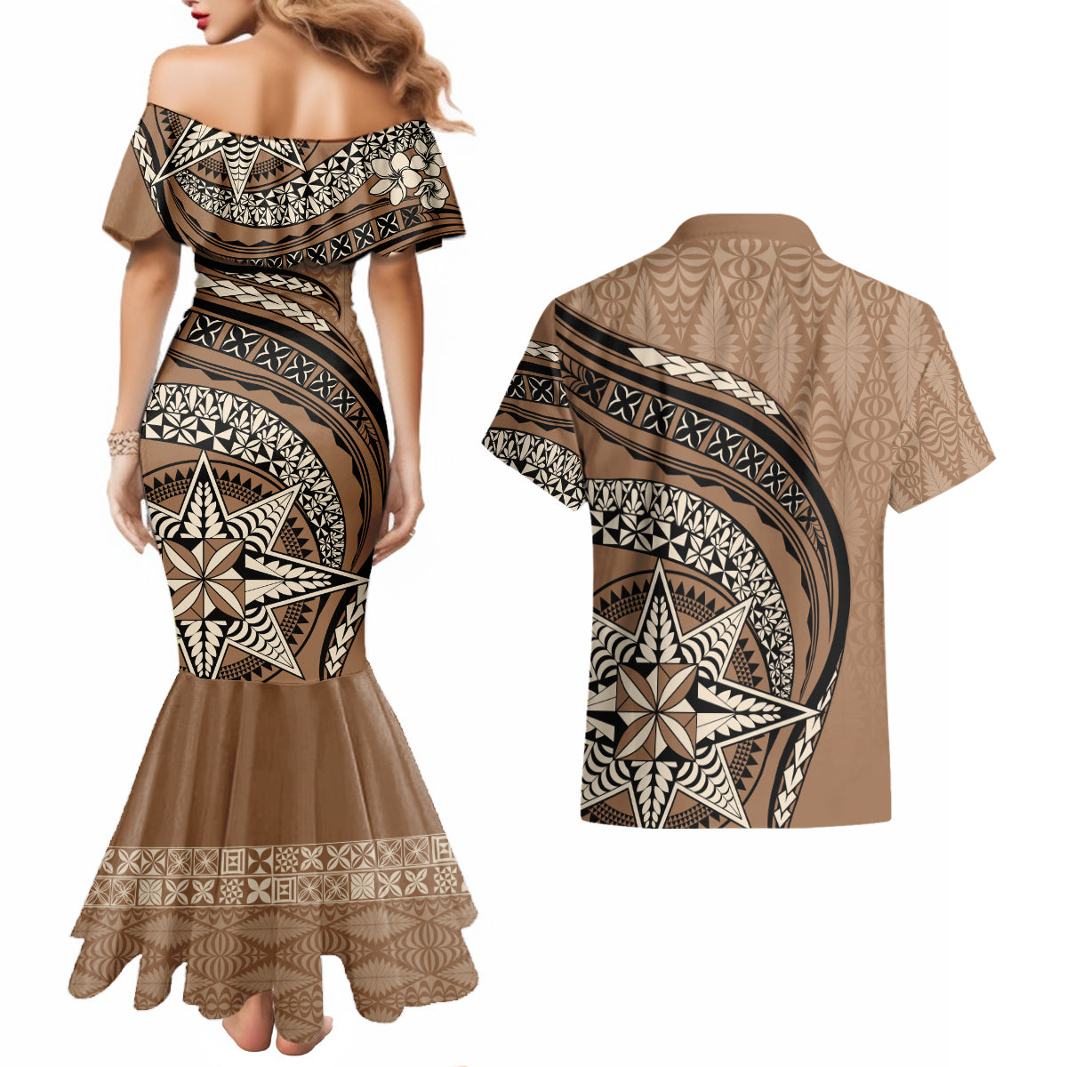 Tonga Ngatu Couples Matching Mermaid Dress and Hawaiian Shirt Tokelau Classic Motifs LT7 - Polynesian Pride