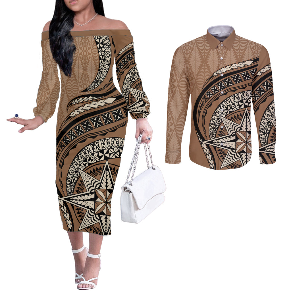 Tonga Ngatu Couples Matching Off The Shoulder Long Sleeve Dress and Long Sleeve Button Shirt Tokelau Classic Motifs LT7 Brown - Polynesian Pride