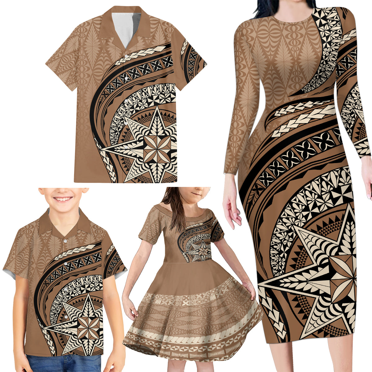 Tonga Ngatu Family Matching Long Sleeve Bodycon Dress and Hawaiian Shirt Tokelau Classic Motifs LT7 - Polynesian Pride